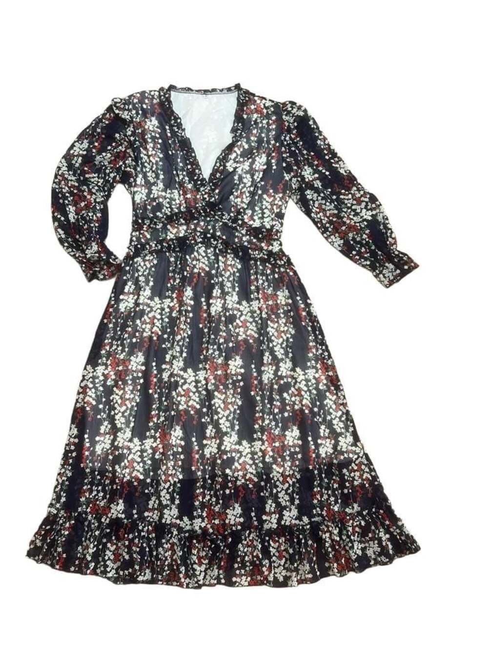 Womens Bohemian Floral Print Ruffles Maxi Dress V-Neck-Medium
